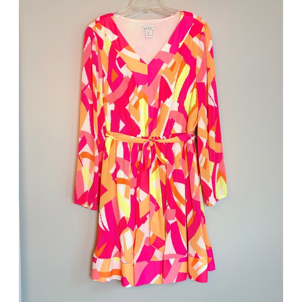 Nicole Miller New York Pink Orange Abstract Pleated V-Neck Mini Dress Large